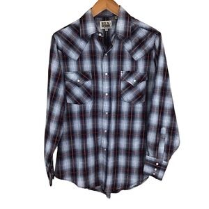 Ely Cattleman Men's‎ Gray and Red Plaid Pearl Snap Shirt M Western